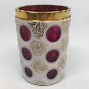 Bohemian White Glass over Cranberry Vase Gold Rim